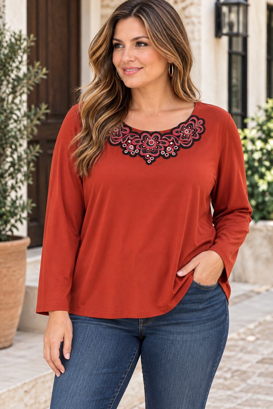Bob Mackie Wearable Art 2X Rust Orange Embroidered Floral Long Sleeve Top